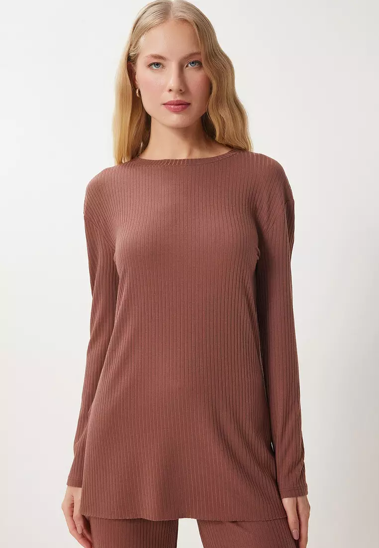 Comfortable Ribbed Knitted Blouse Trousers Set