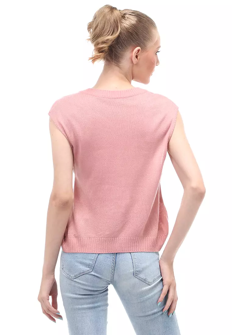 Vest Knit Atasan Wanita Sleeves Kerah V-neck Design Simple - Pink