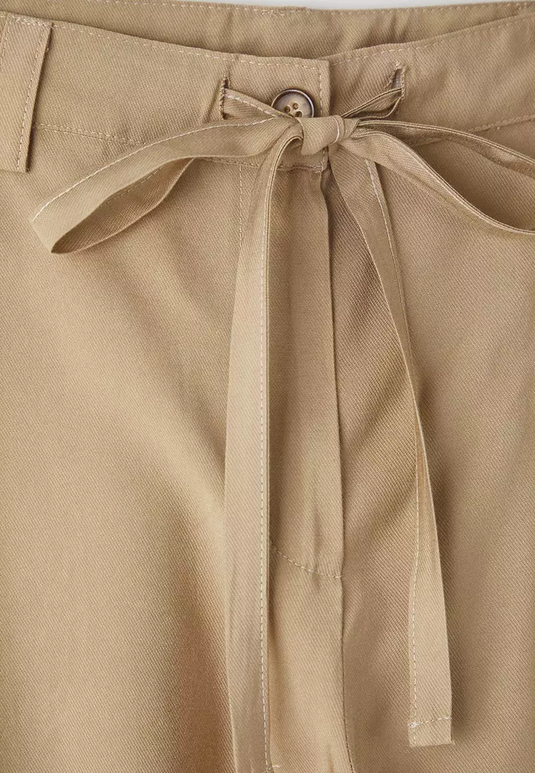 Beige Elastic Waistband Laced Ecru Panel Woven Plus Size Trousers