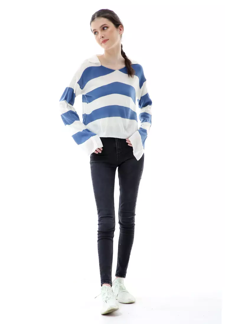 Vilia Rajut Crop Atasan Wanita Oversize Motif Stripe Garis Relaxed Fit - Denim