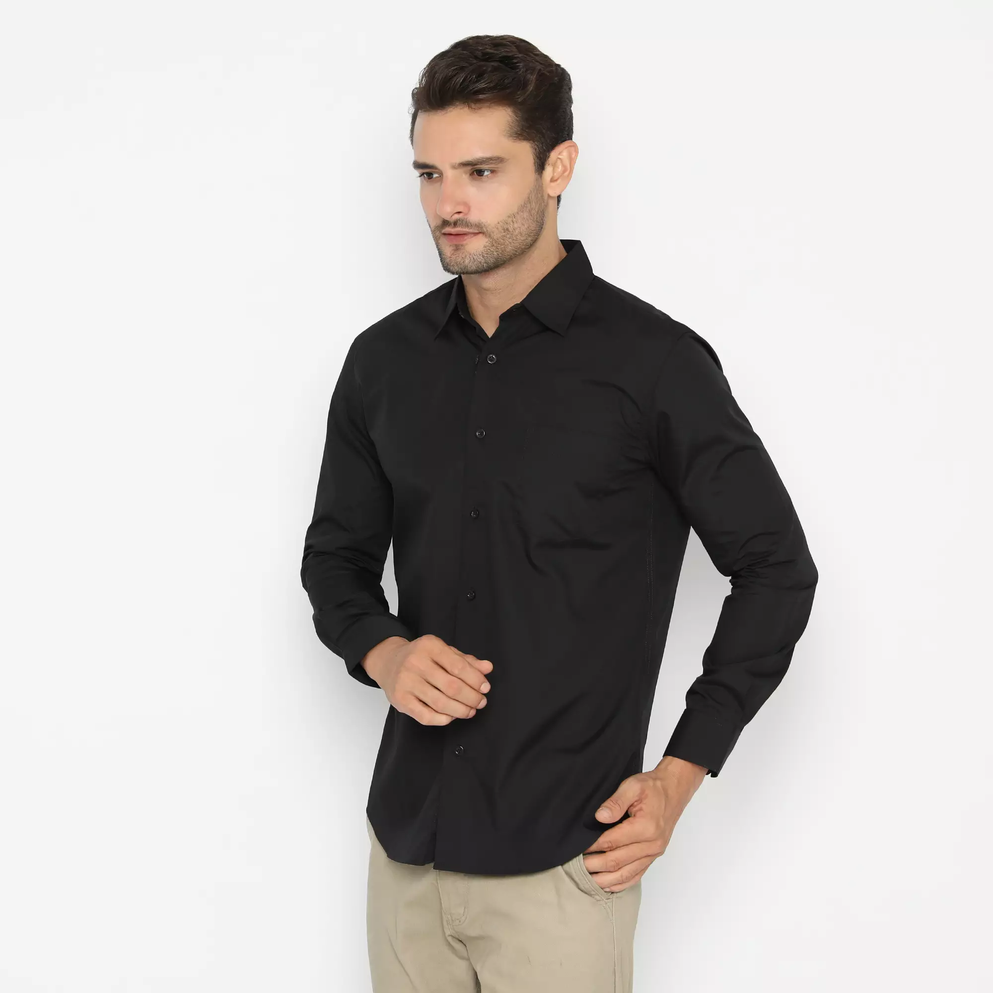 Platini Baju Kemeja Polos Basic Pria Panjang Katun CVC Hitam 66174