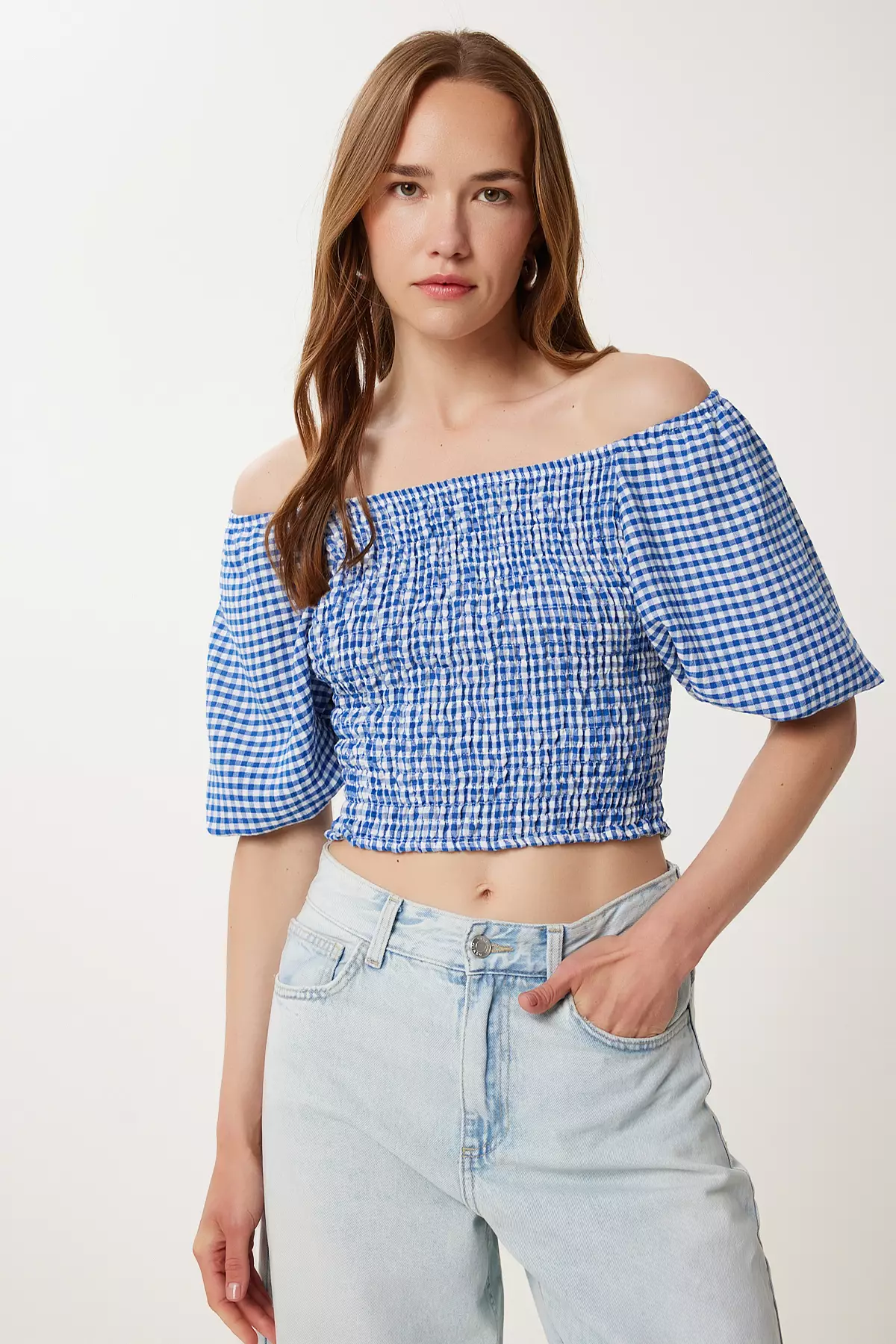 Women's Blue Checkered Carmen Collar Stretchy Crop Linen Blouse Tp00079