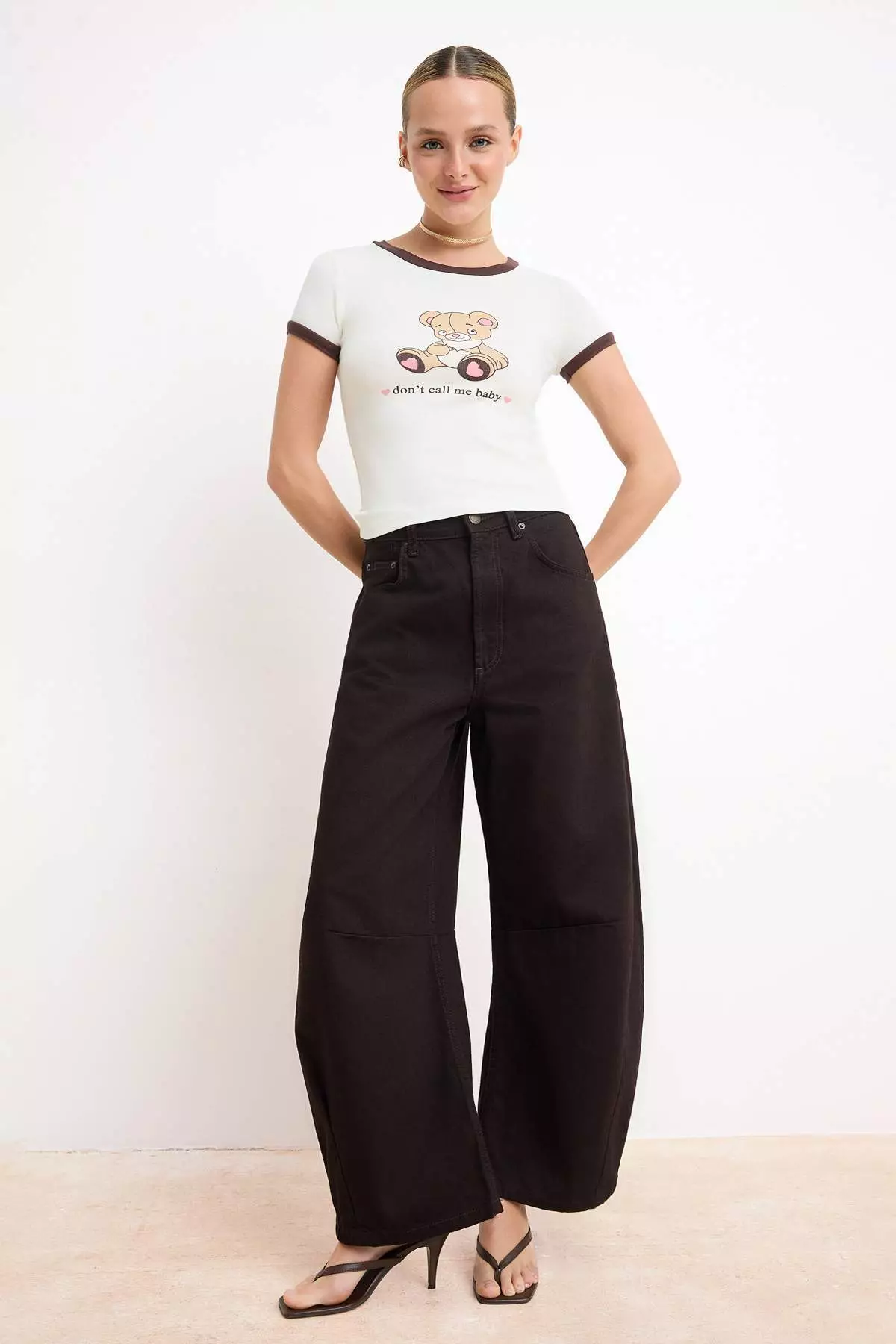 Ecru Fitted/Body-Fitting Short Sleeve Cotton Ribbed Knitted T-Shirt Twoss26Ts126