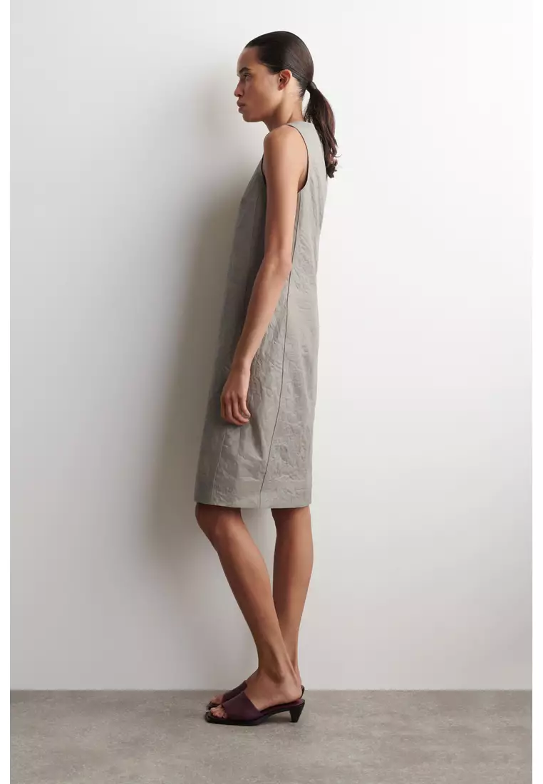 cos leather dress COS Women's Black Leather Collar Short Sleeve Straight Knee Length Dress SZ  8