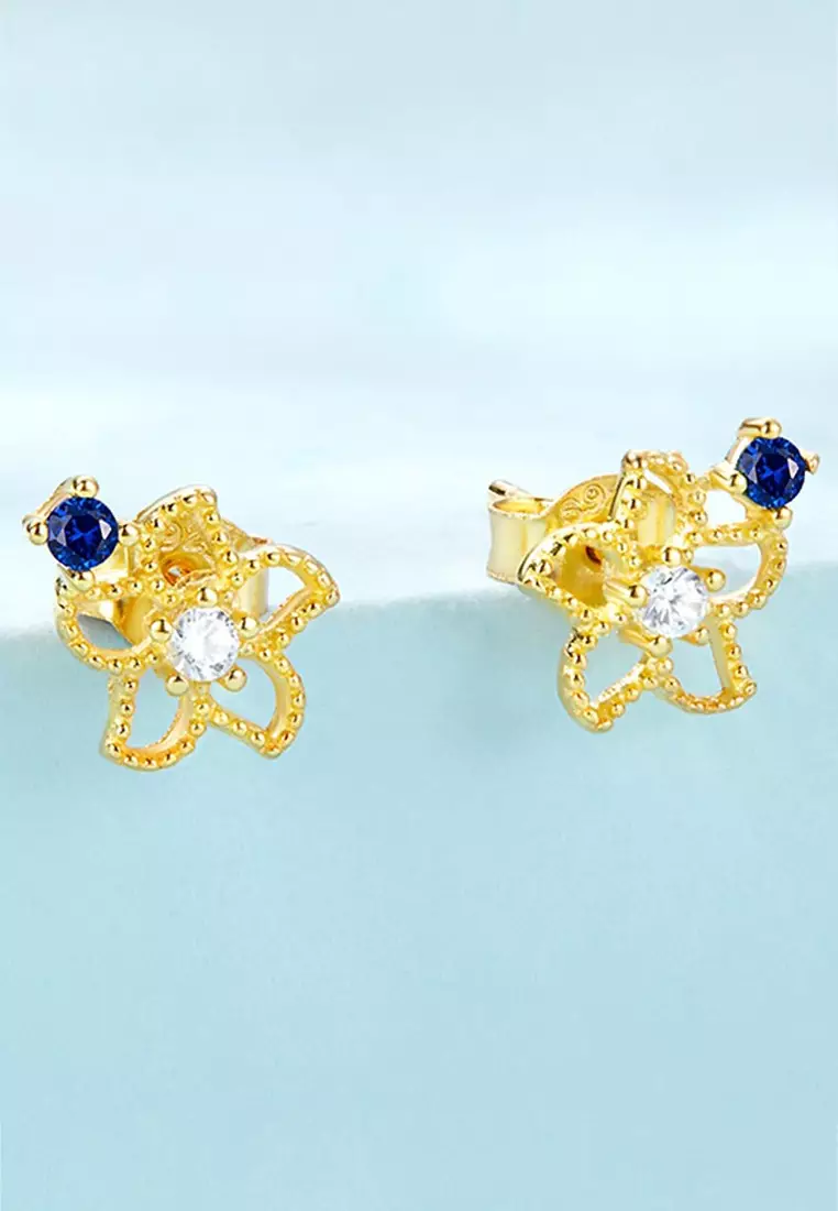 Solid Silver Mono Blue Flower Earrings In Gold