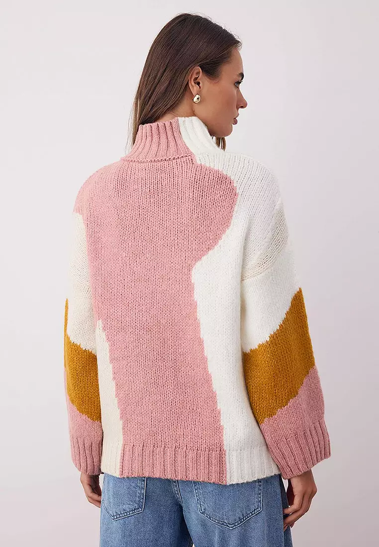 Soft Texture Color Block Wide Pattern Knitwear Sweater