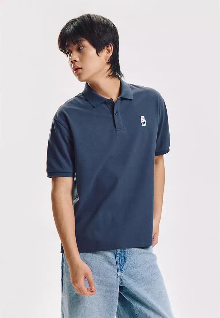 Relaxed Fit Polo with Crew Bear Patch Embroidery