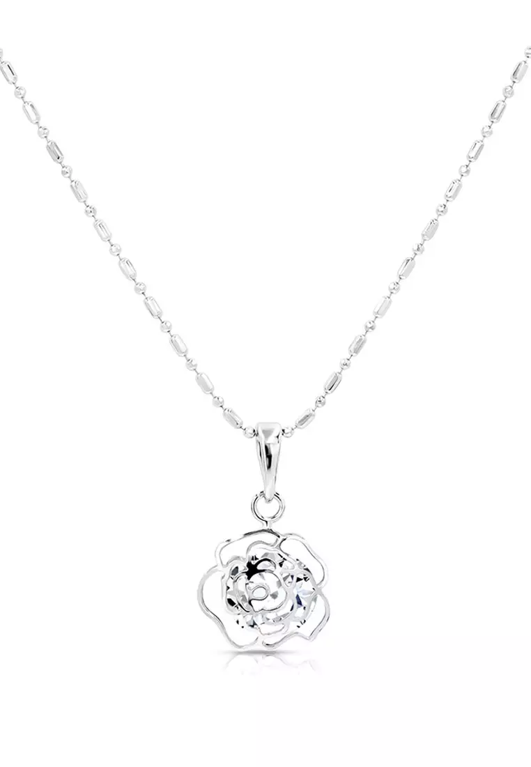 SO SEOUL Camellia Flower Inner Diamond Simulant Zirconia Hoop Earrings with Pendant Chain Necklace Jewelry Gift Set