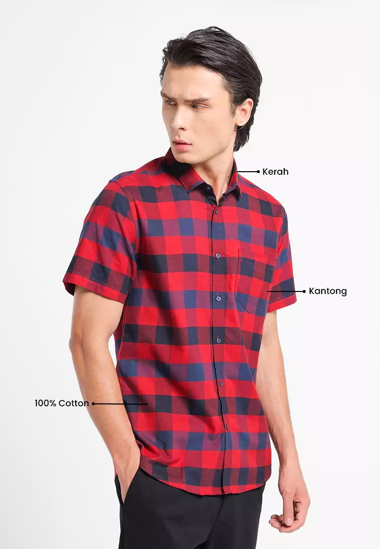 MANZONE - Kemeja Oxford Lengan Pendek Pria Raka 2 Slim Fit - Red