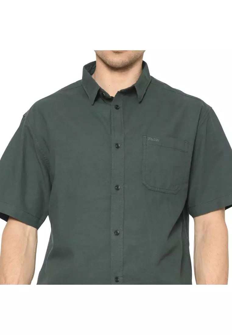 POLICE Kemeja Polos Relaxfit Cotton Slub Hijau Botol Pria