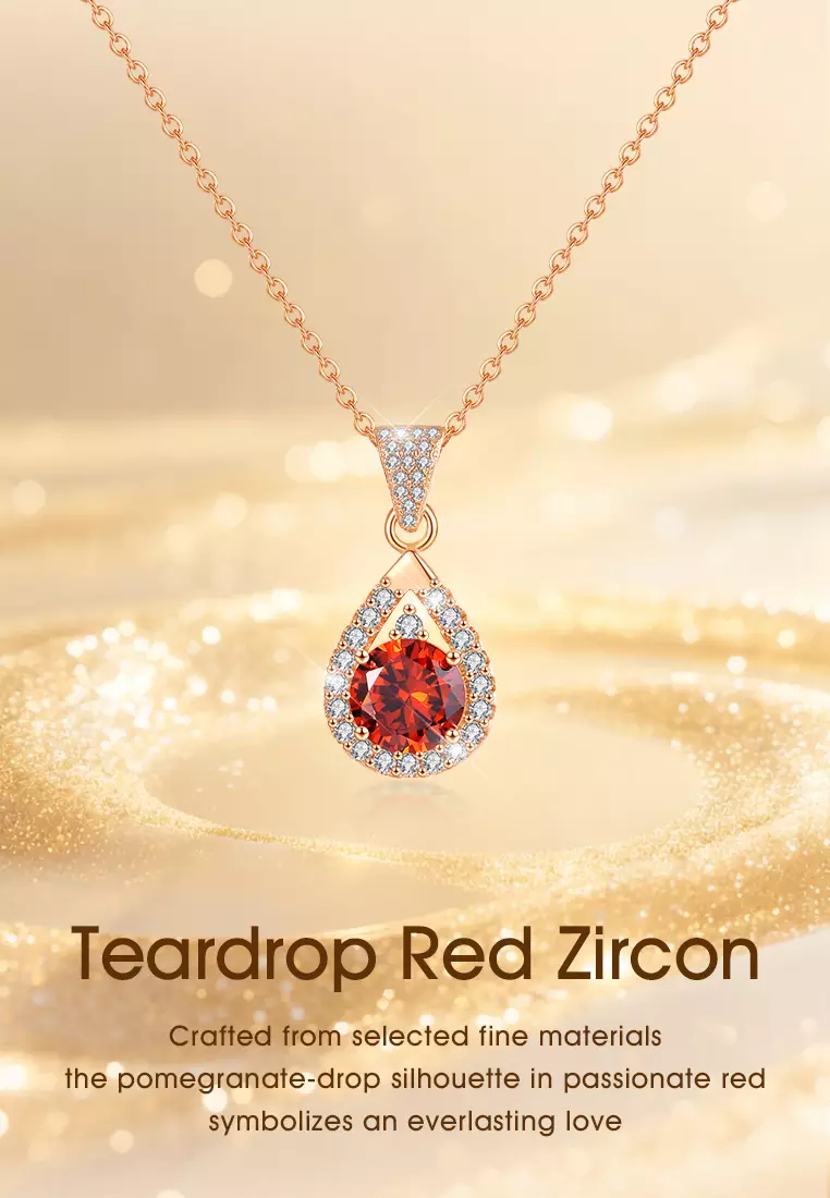 Kalung Wanita Original Korea Teardrop Red Zircon Titanium Berlian 2 Karat Dilapisi Platinum Fashion Cewek Necklaces