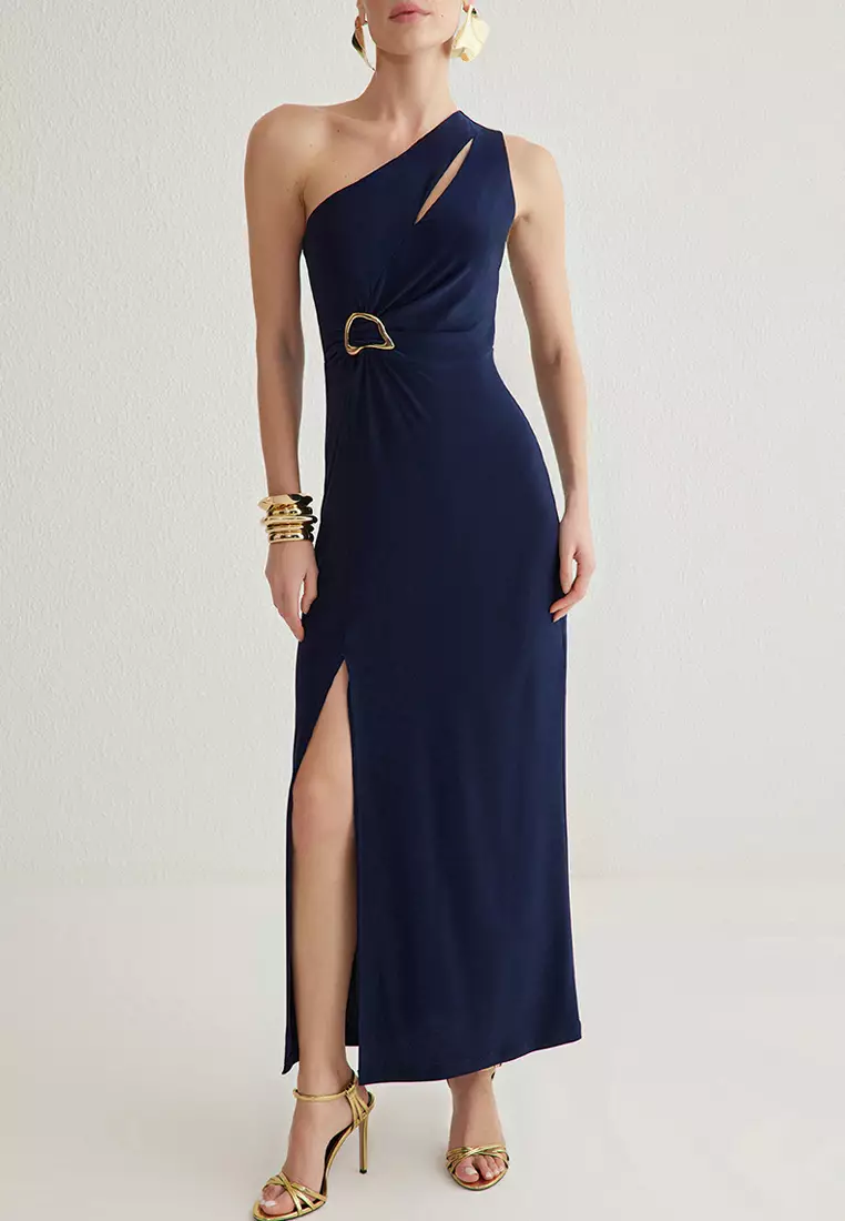 Navy Blue Body-fitting Accessory Detailed Knitted Long Elegant Evening Night Graduation Dress TPRSS25AE00016