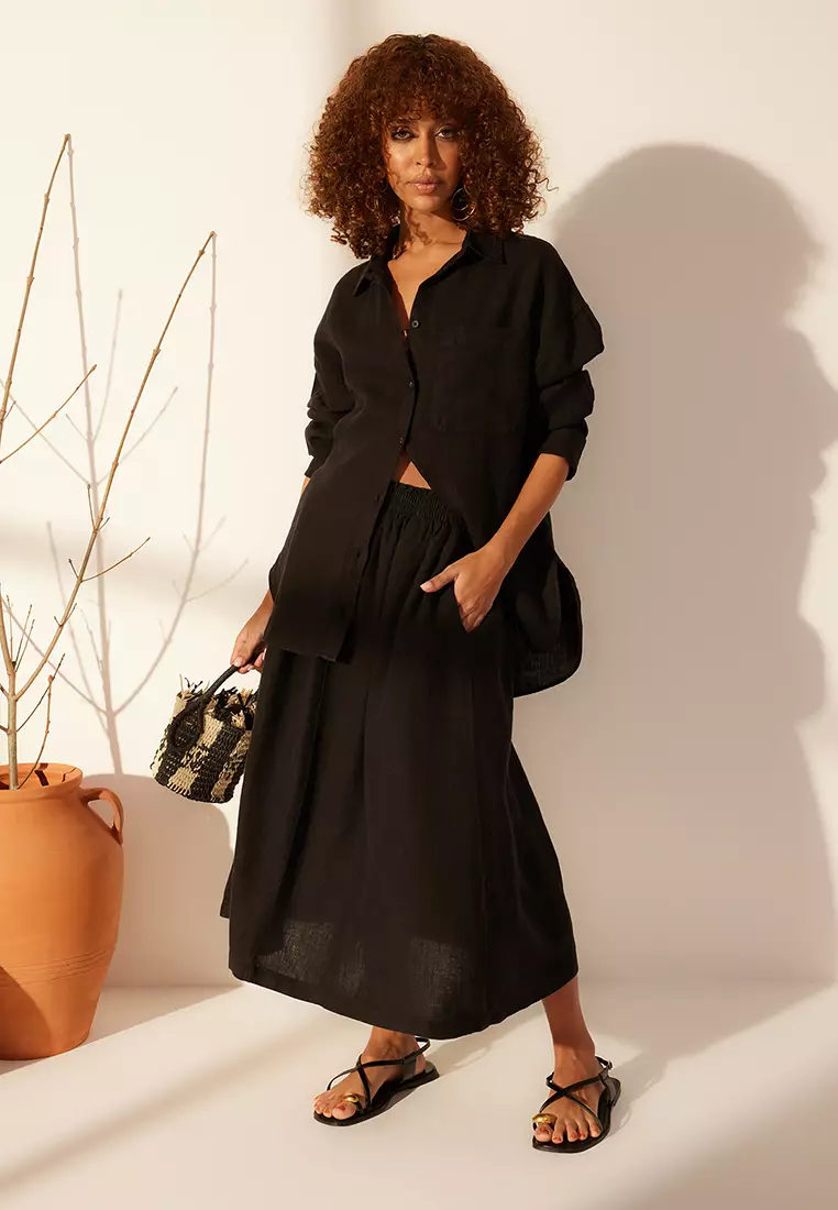 Linen Elastic Midi Skirt