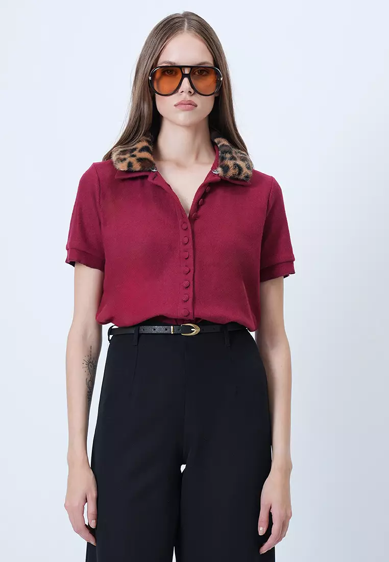 Leopard Detachable Fur Detailed Knitted Blouse