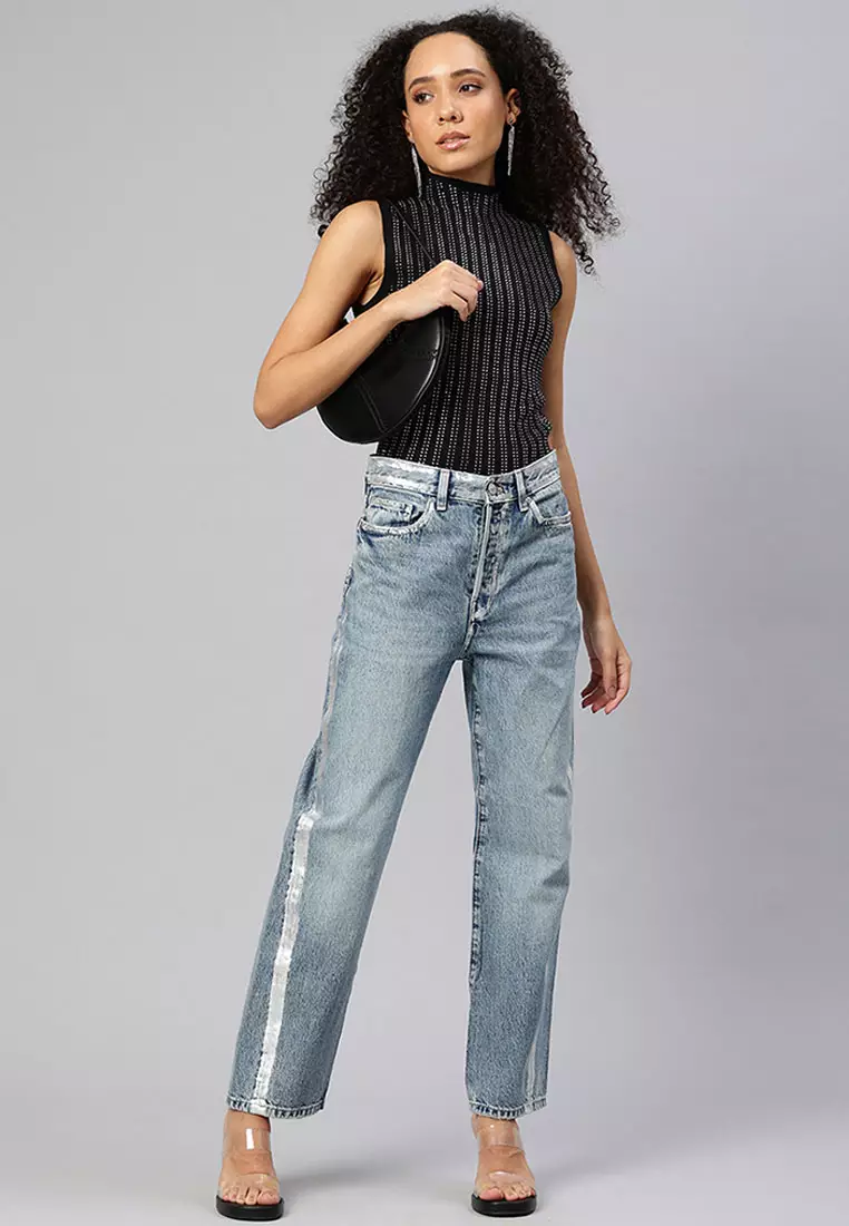 Sleeveless Sequin High Neck Top in Black