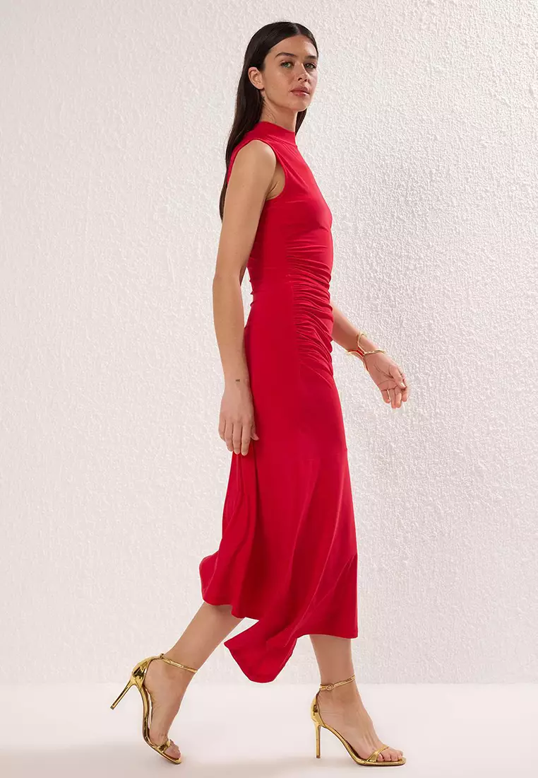 Red Hem Ruffle Detail Knitted Stylish Evening Dress