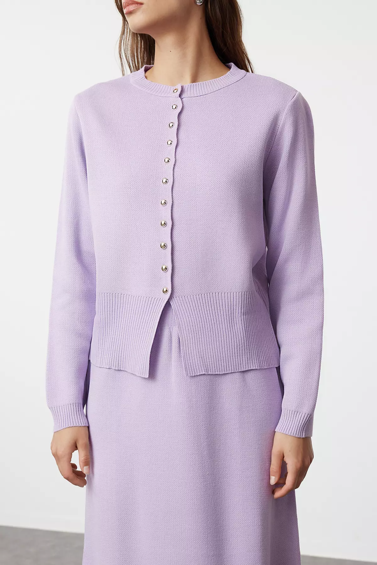 Lilac Knitwear Cardigan And Skirt Set - Button Detailed Tctaw25Us00014