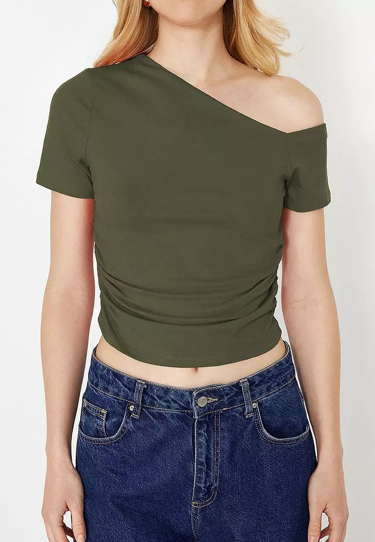 Khaki Pleated Asymmetric Collar Flexible Knitted Blouse