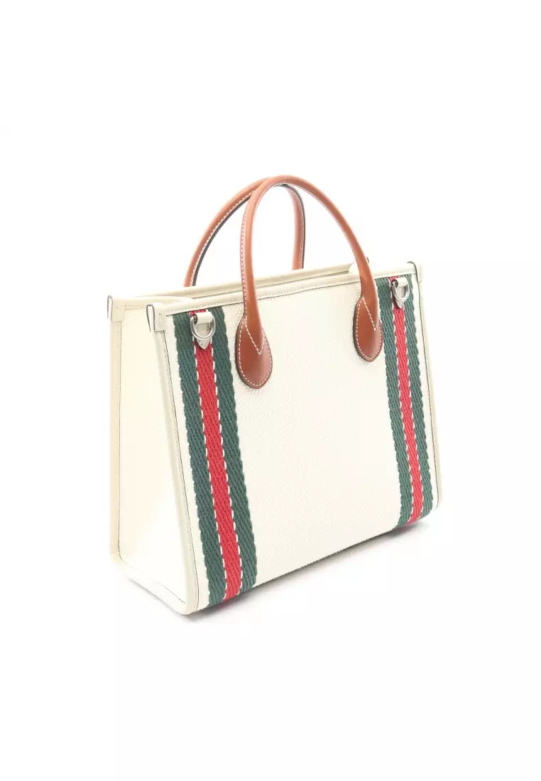 Pre-Loved Gucci Interlocking G Small Handbag tote bag canvas leather off white Brown multicolor 2WAY