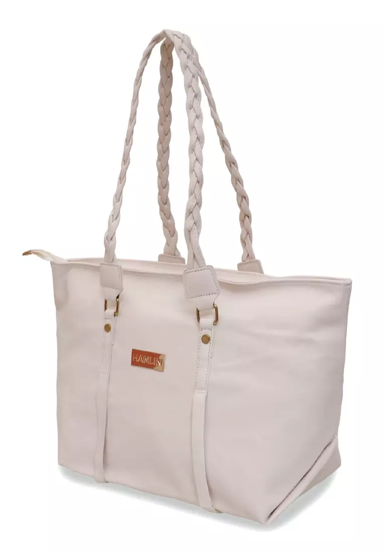 Laura Tote Bag Wanita Tali Desain Kepang Tas Bahu Large Compartment Material Leather ORIGINAL - White