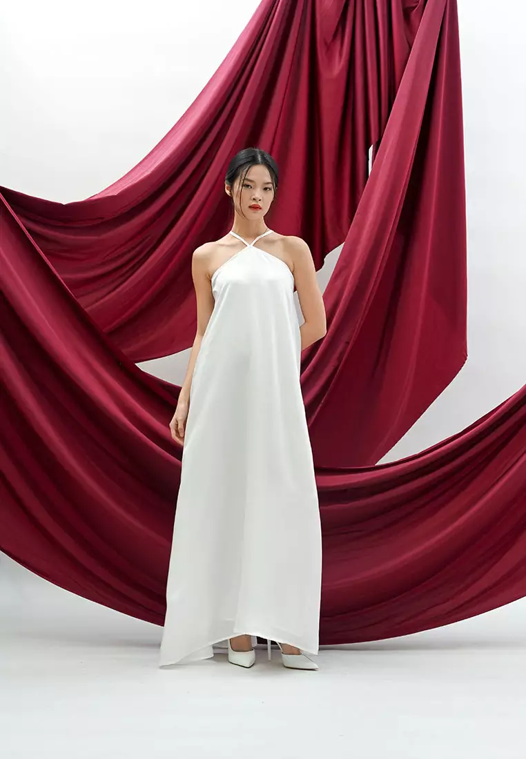Halter Satin Maxi Dress in White