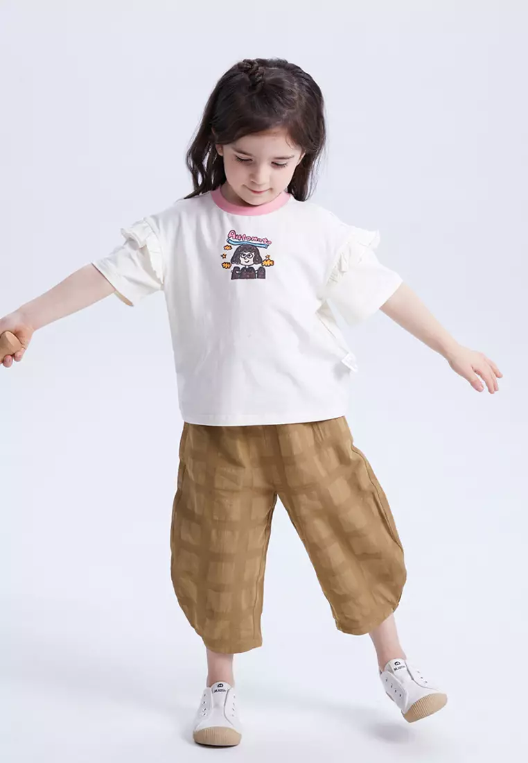 女小童短袖T恤趣味笔触感印花木耳边T恤