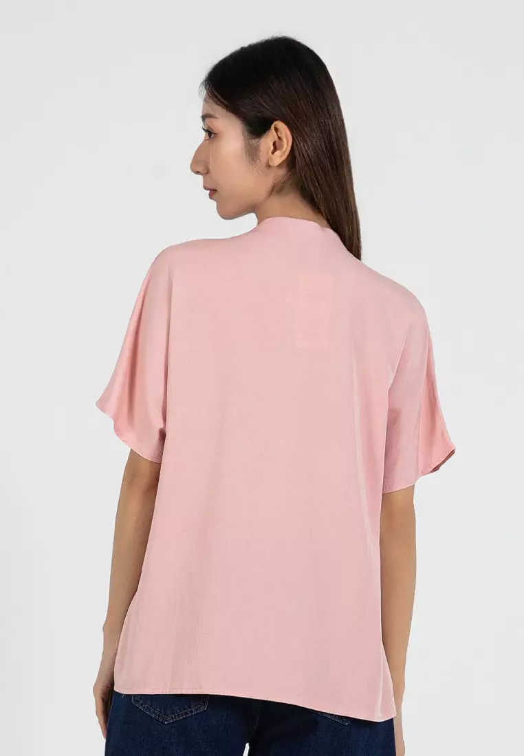 Forest Ladies Rayon Lyocell Band Collar Plain Blouse Women Short Sleeve Blouse - 822415-59LotusPink