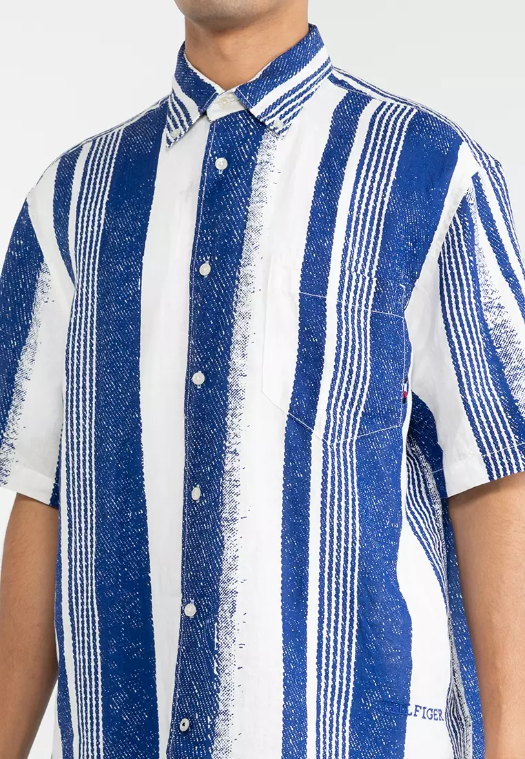 blue and white striped tommy hilfiger shirt