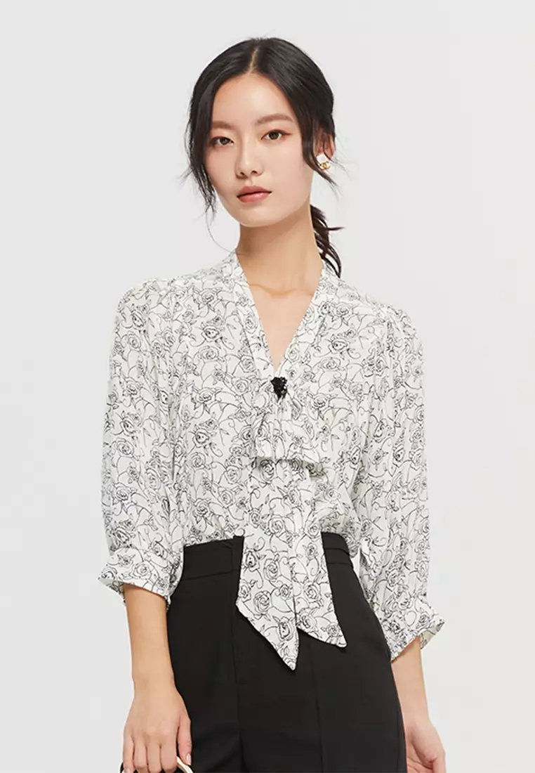 Mortif Floral Blouse with Front Ribbon Tie