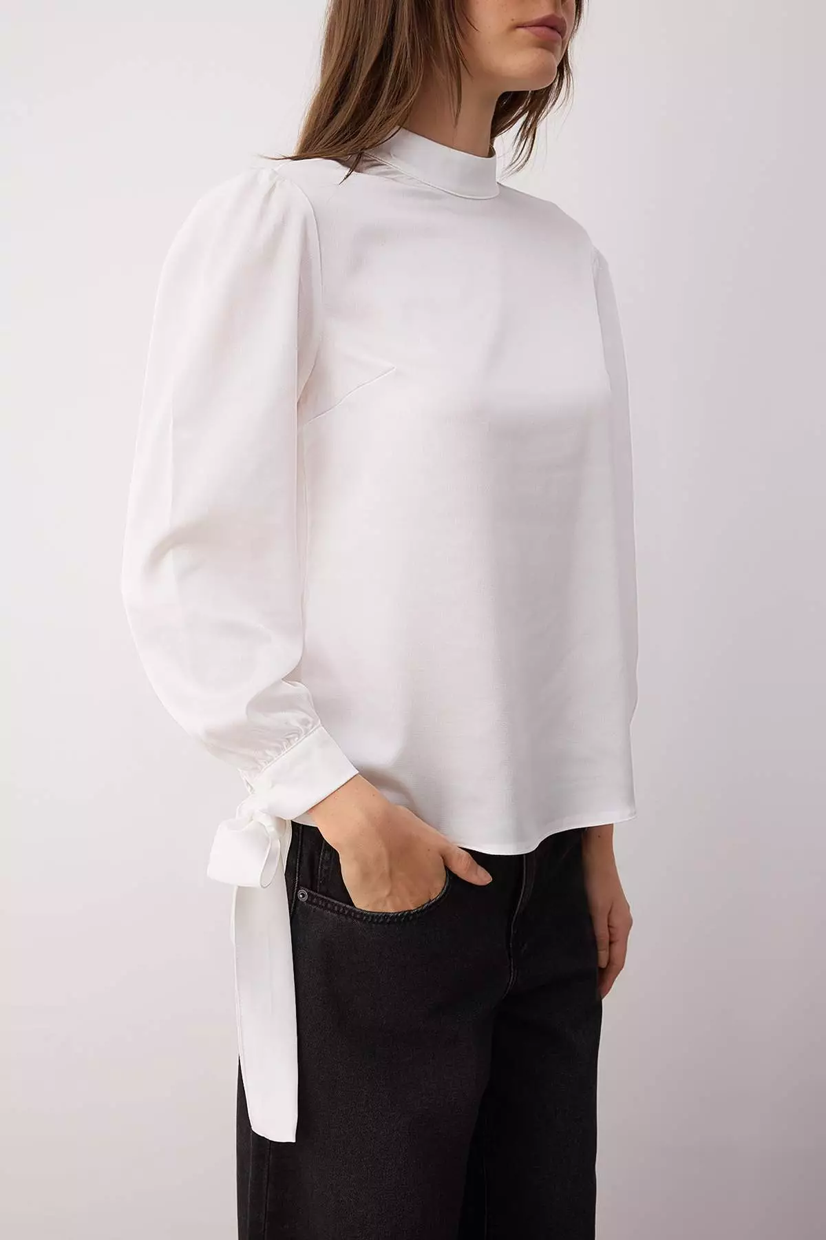 White Satin Woven Blouse With Tie Detail