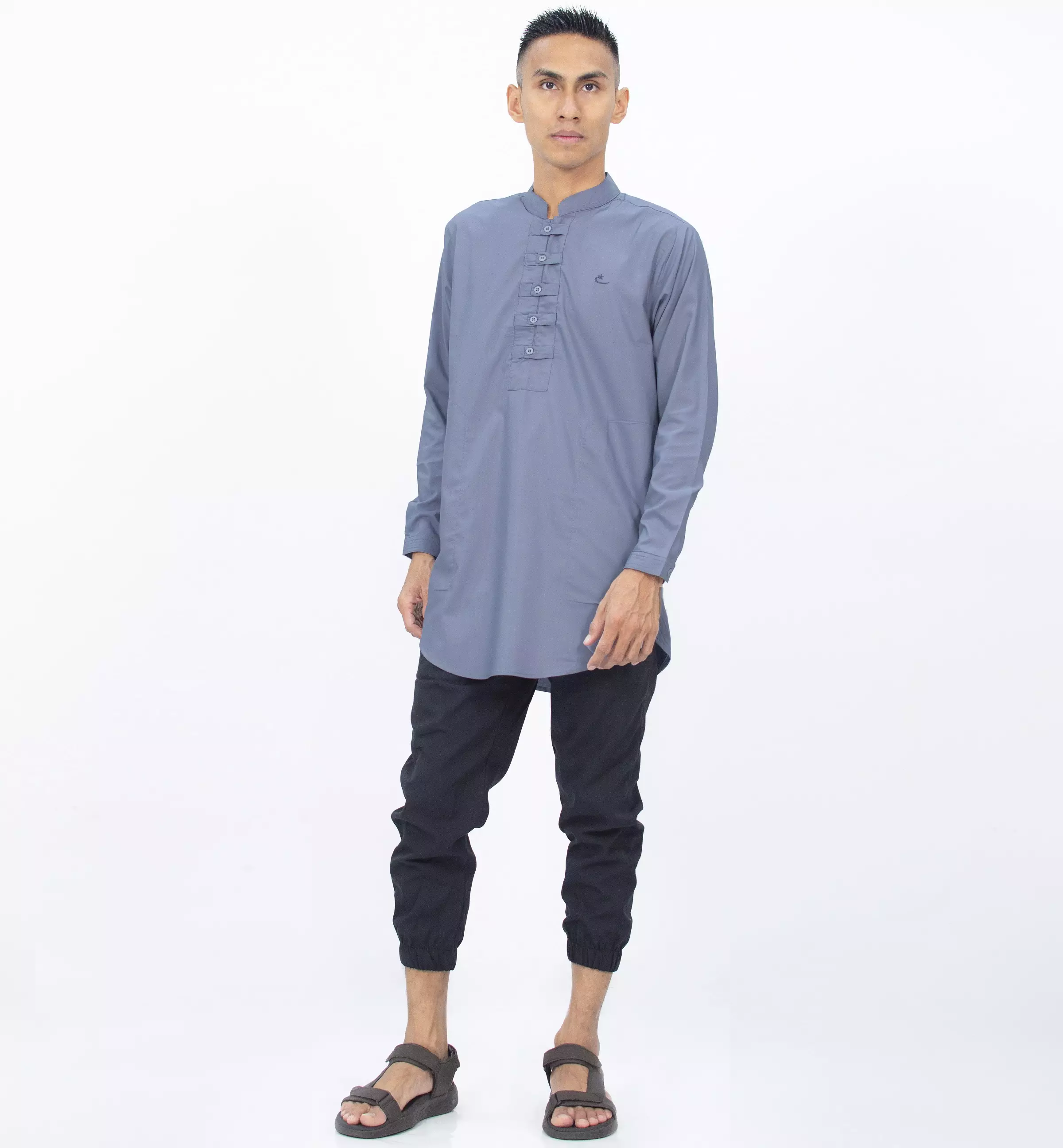 SHAMS Baju Lebaran Baju Koko Lengan Panjang Kemeja Koko Kemeja Kurta Pria - ABU MUDA