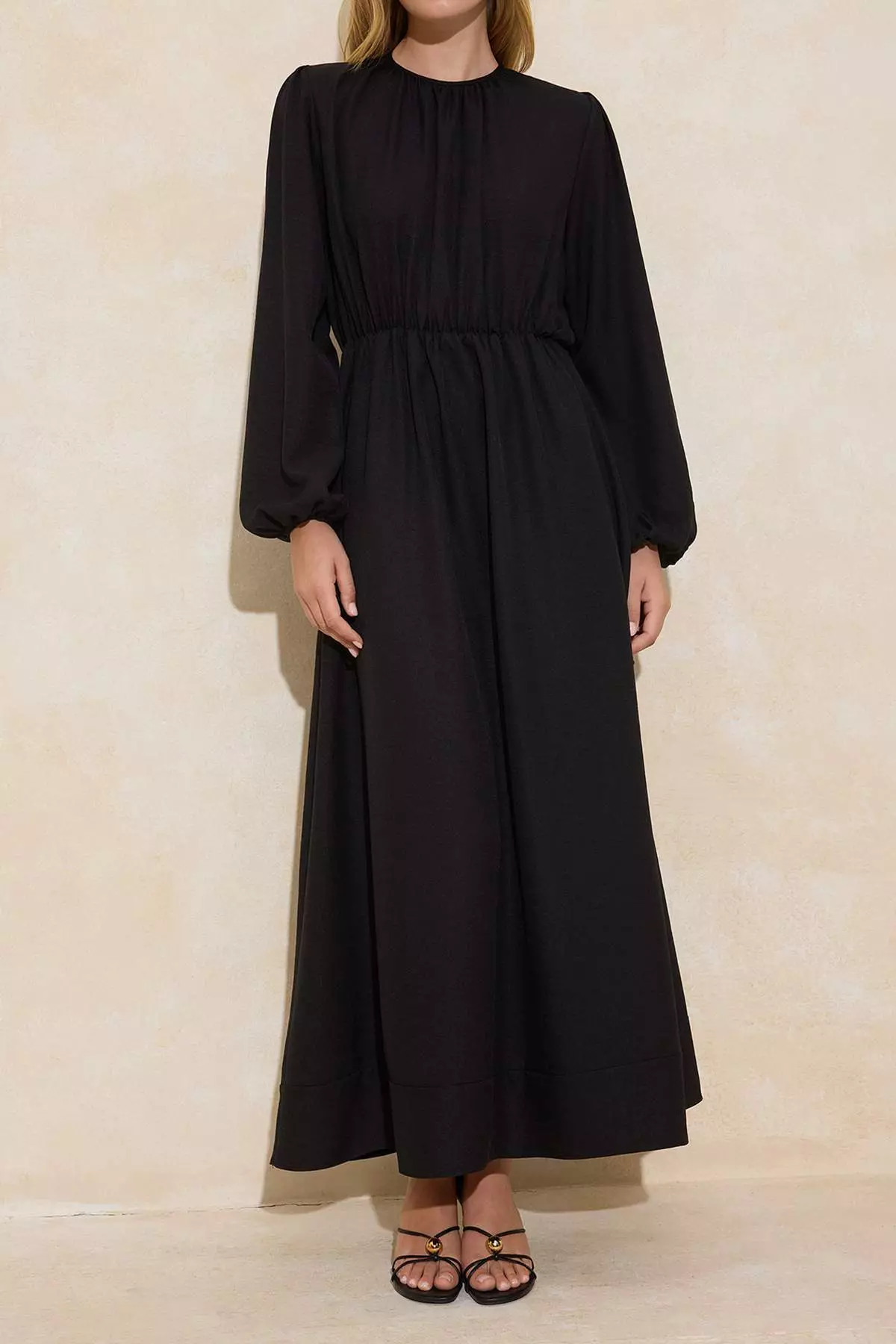 Black Linen Look Elastic Waist Tie-Up Lace-Up Woven Dress Tctss26Eb00009