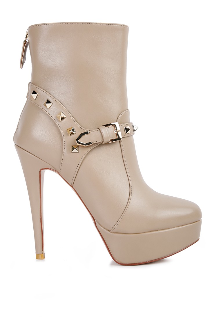 Taupe Metal Stud faux Leather Ankle Boot