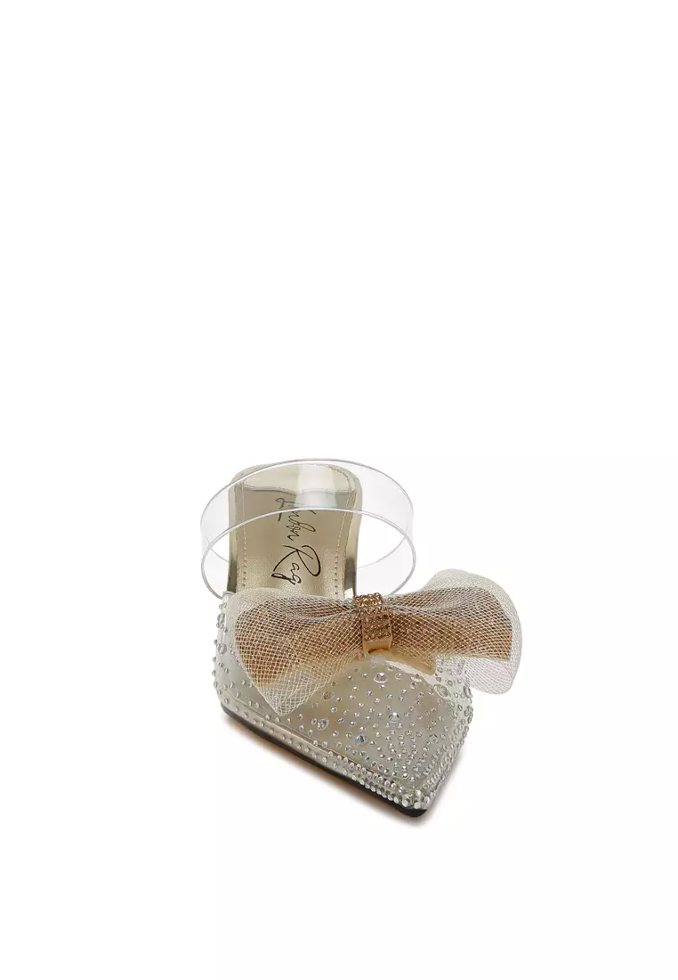 Embellished Bow Kitten Heels in Gold