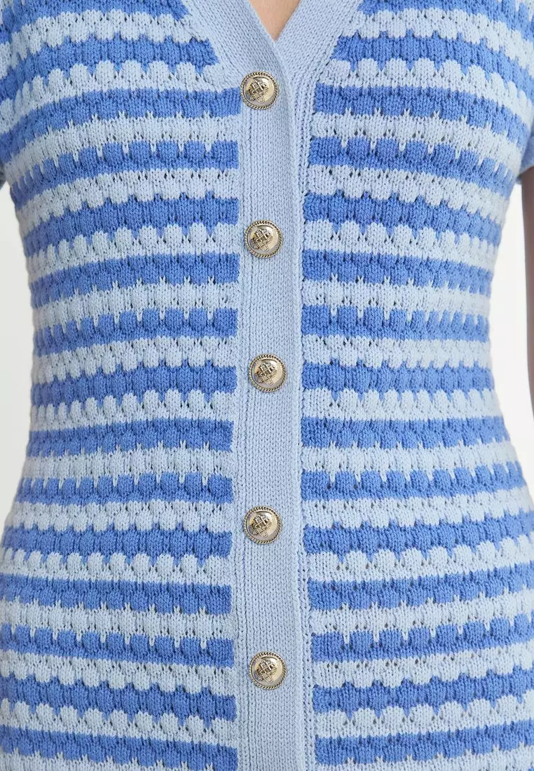 Striped Button Front Knit Polo Midi Dress - Aqua Blue