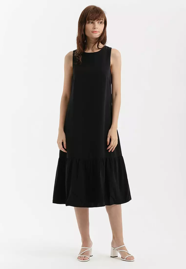 Shift Midi Ruffle Dress in Black