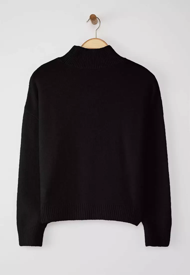 Black Alpaca Wool Blended Premium Yarn/Special Yarn Wide Fit Basic Knitwear Sweater