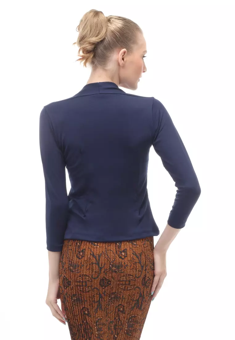 Kebaya Atasan Wanita Motif Solid Long Sleeves Slip On Style Design Casual Relaxed Fit - Navy