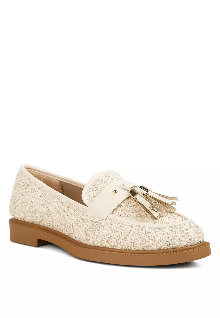 Cream Tassle Detail Rafia Loafers