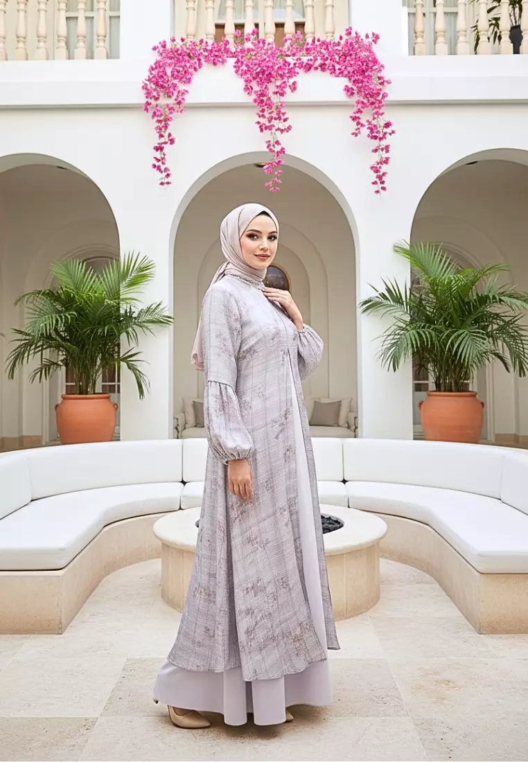 Gamis Wanita Motif Floral Soft Pink Premium Dress Muslimah Elegan Lengan balon By Brilliant Girl Warna PINK