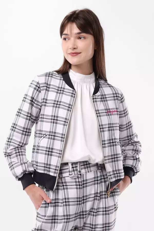 MINIMAL/Emily In Paris - Chantal - Plaid Bomber Jacket - Black Warna Black