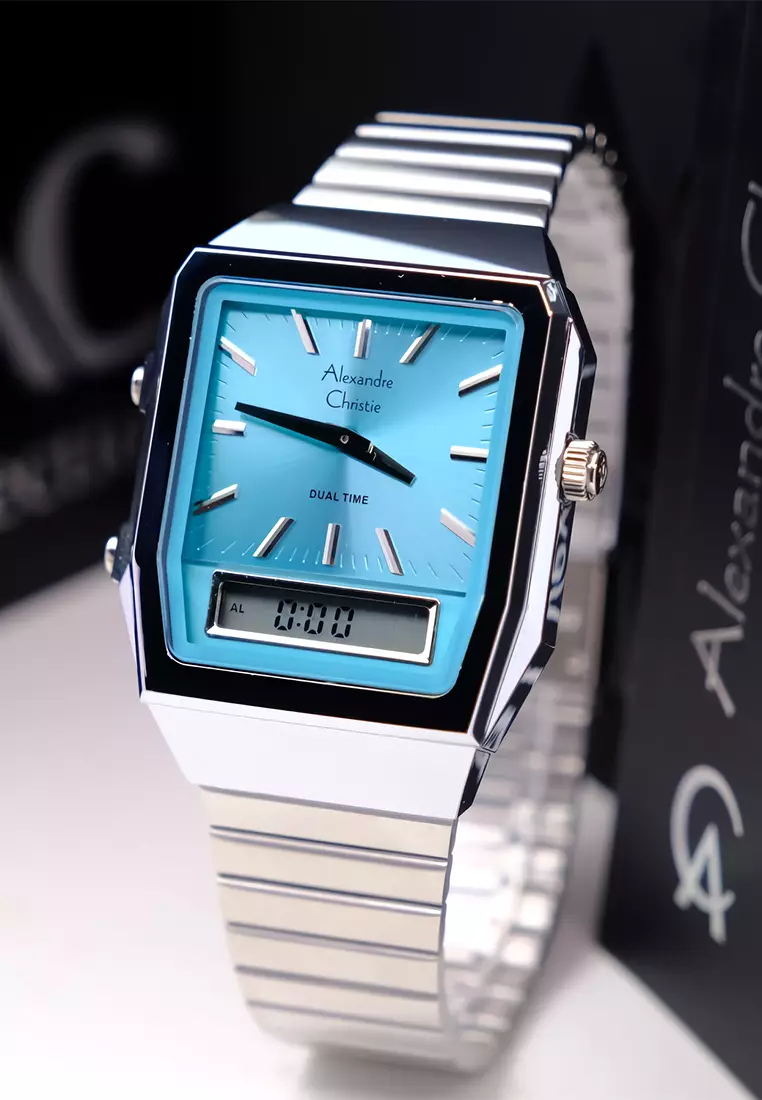 Alexandre Christie Dual Time - Jam Tangan Analog Digital Wanita - Light Blue Dial - All Silver Stainless Steel - 2B37LHBSSLB
