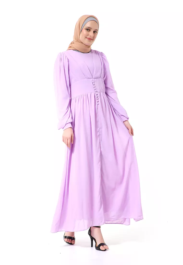 Khansa Long Dress Muslimah Atasan Wanita Long Sleeve Motif Polos High Quality - Ungu Muda