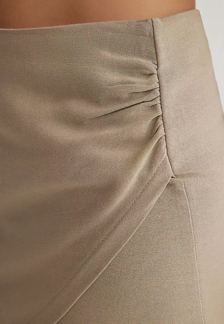 Grey Linen Look With Gathered Detail Mini Size Weaving Skirt