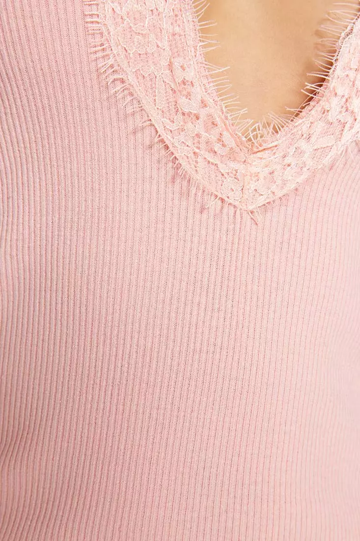 Lace and Tie Detail Ribbed Nightgown