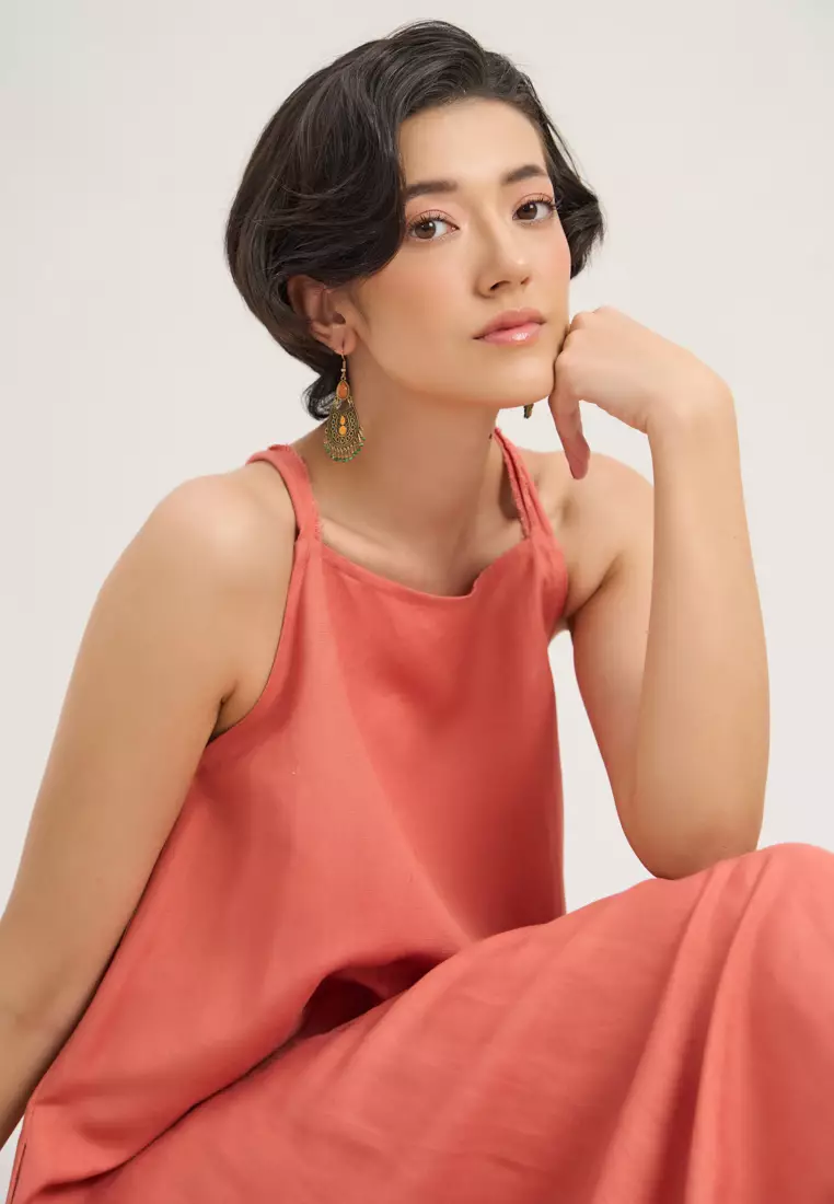 Coral Linen Midi Dress