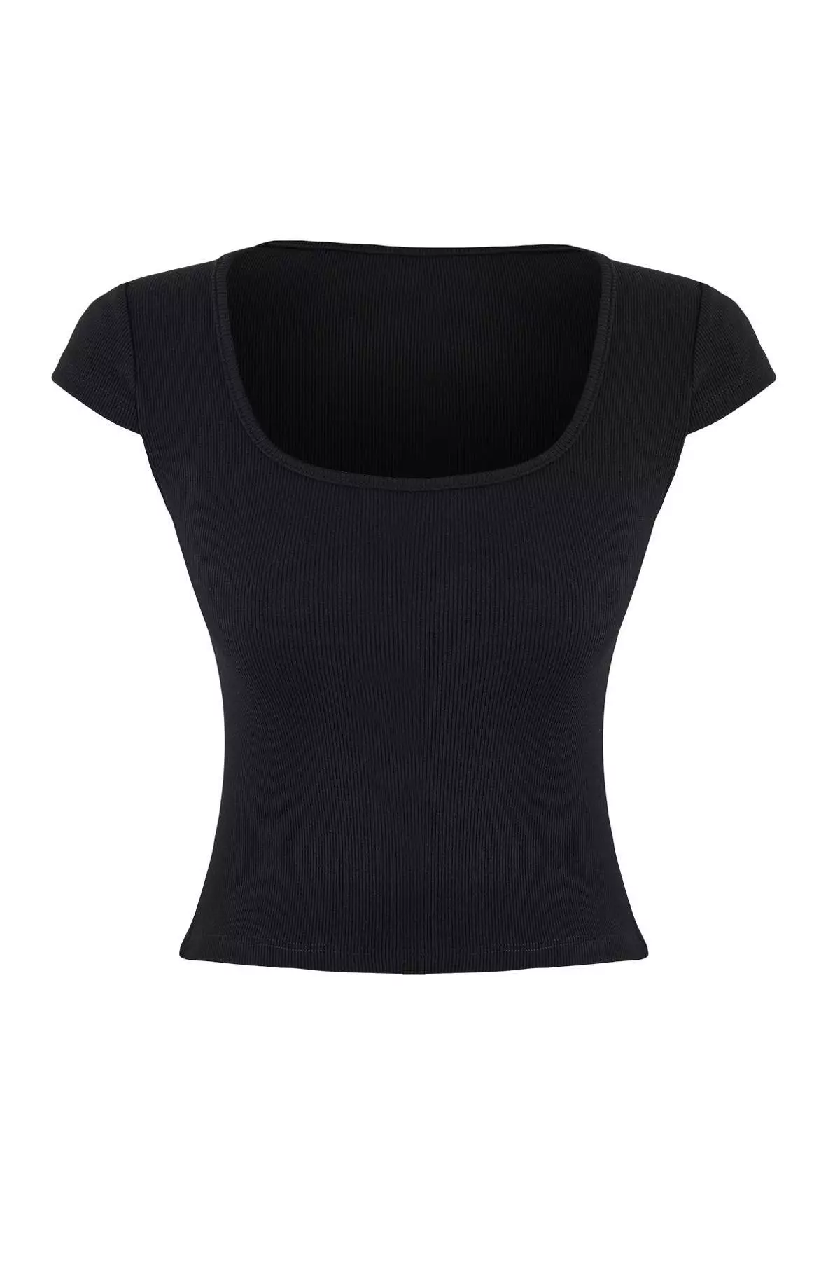 Wardrobe Essentials-Wardrope Essentials Black Fitted Short Sleeve Crop Stretchy Knitted Blouse Twoss26Bz155