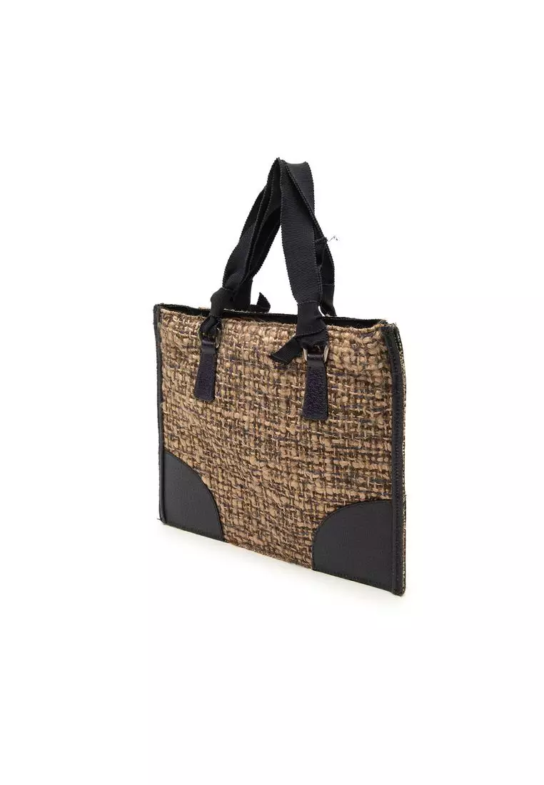 Pre-Loved Prada Vitello Trimmed Tweed Flat Handbag