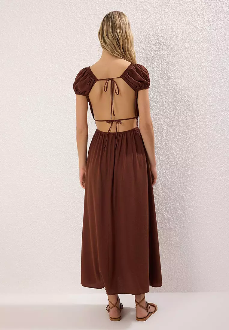 Brown Deep Slit Knitted Beach Dress Tbess21El2991