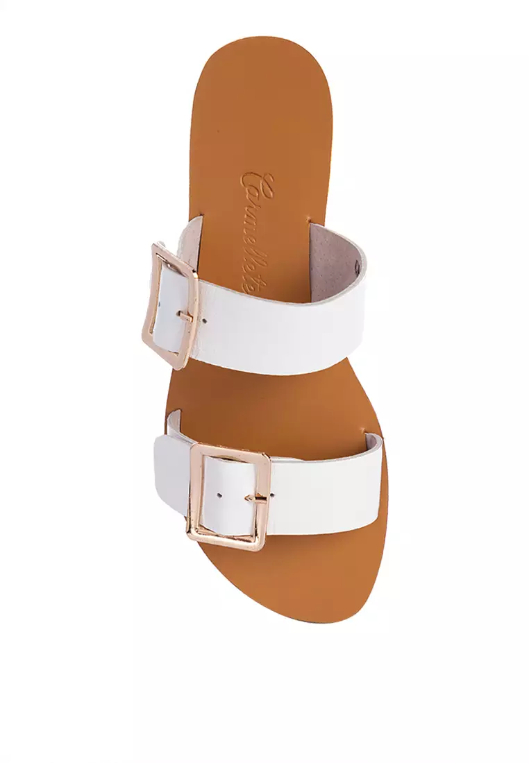 Two Strap Leather Slide Flats